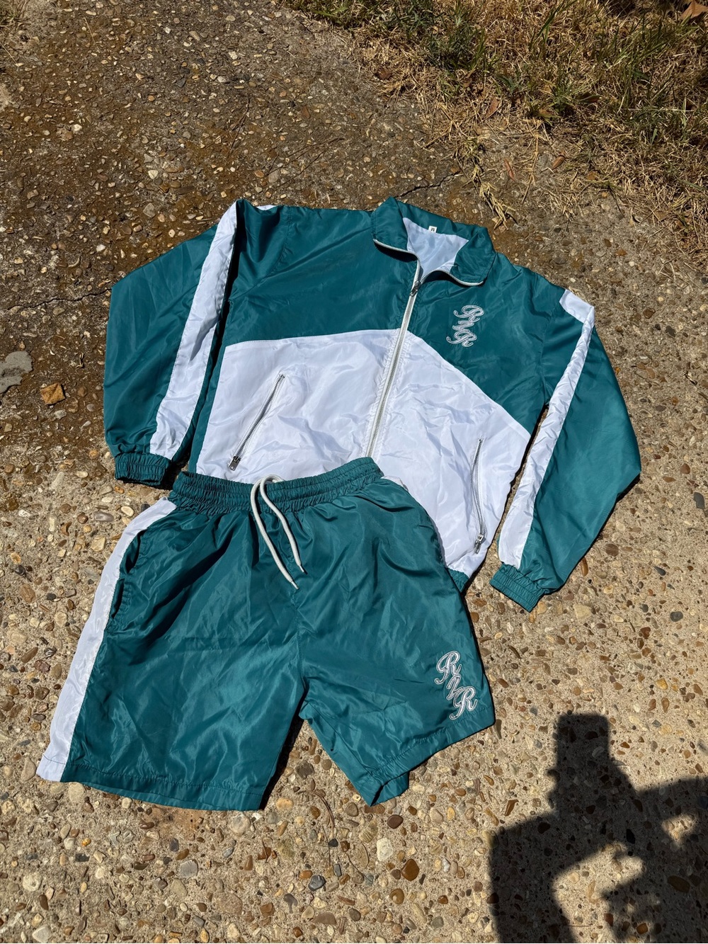 Teal & White Men's Windbreaker Jacket and Shorts Set